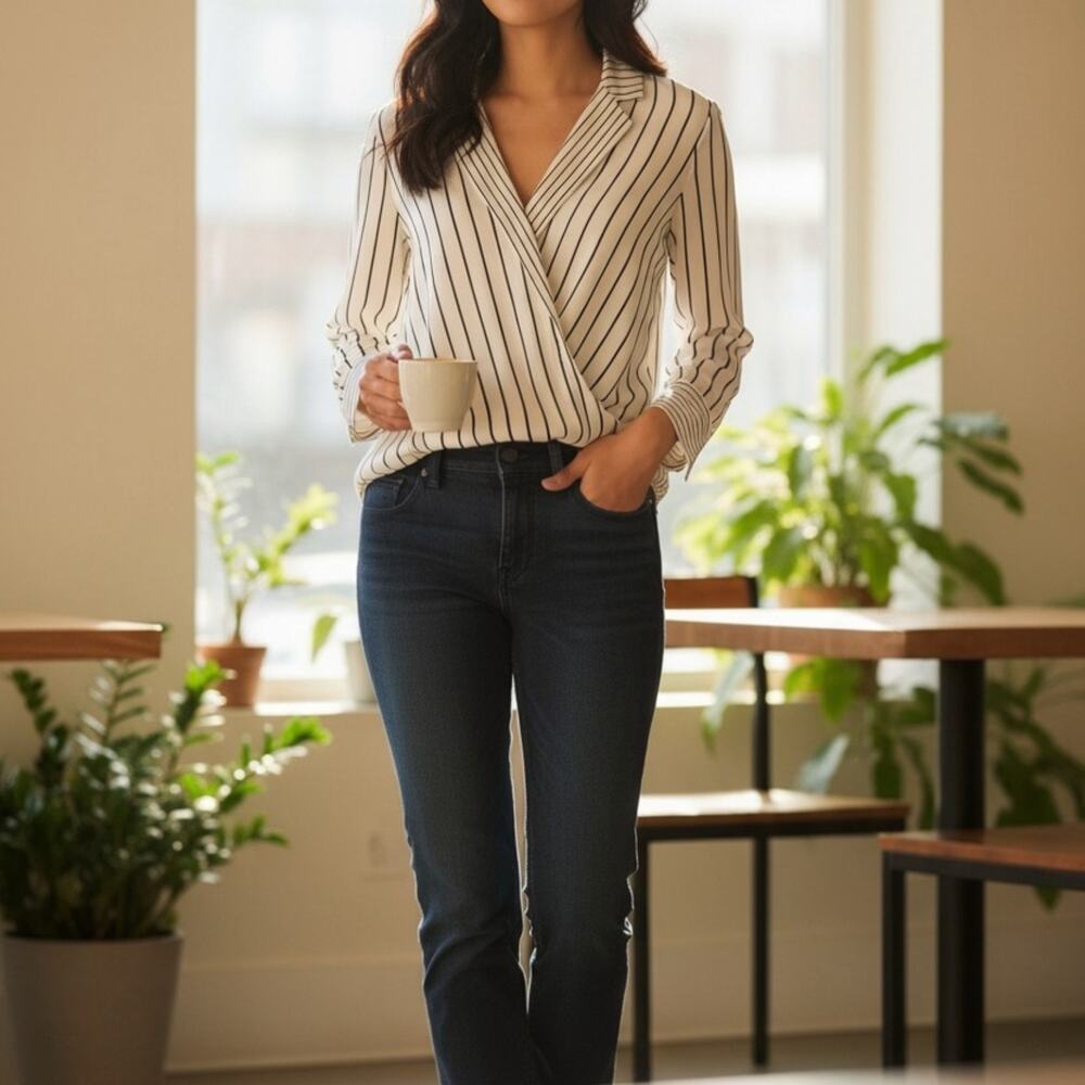 Bailey 44 Striped Wrap Front Blouse White/Black Long Sleeve Blouse Small 4-8